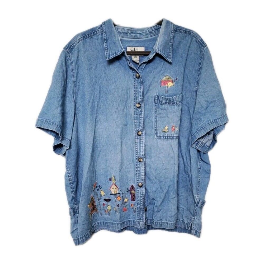 VINTAGE 90S CJ BANKS Blue Jean Denim Short Sleeve Bird Button Up Cotton Cottage
